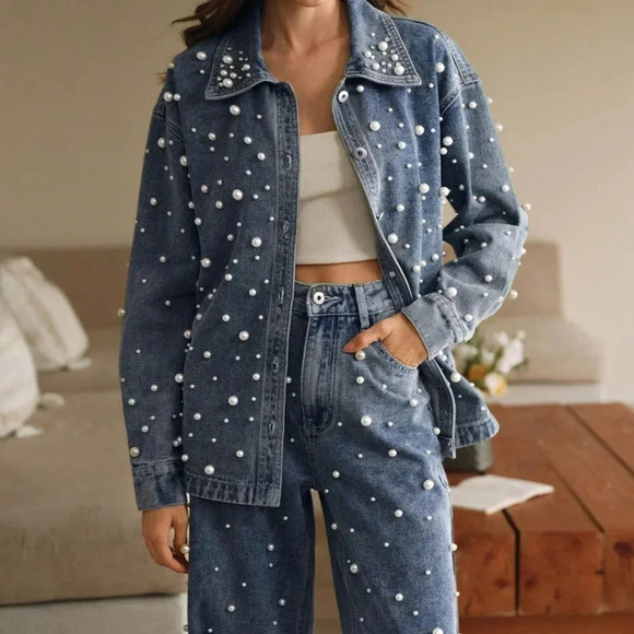 Blue Casual Women's Pearl and Rhinestone Decorated Button-Up Long Denim Blouse - Picture 4 of 7